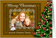 Christmas, custom name photo card, Deep gold fancy frame, dog, tree card