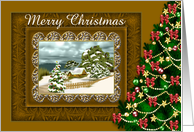 Christmas, general, Deep gold fancy frame with snowy scene, trees card