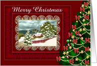 Christmas with a Deep Red Fancy Frame around a Snowy House Scene card
