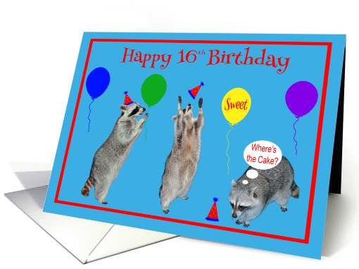 16th Birthday, Raccoons with party hats and colorful... (1060583)