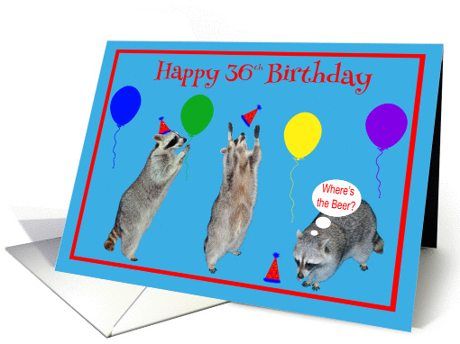 36th Birthday, Raccoons with party hats and colorful... (1066005)