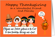 Thanksgiving to Friend and Family, humor, Pilgrims, Indians and turkey card