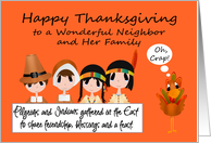 Thanksgiving to Neighbor and Her Family, humor, Pilgrims, Indians card