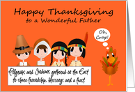 Thanksgiving to Father, humor, Pilgrims, Indians, turkey on orange card