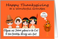 Thanksgiving to Grandpa, humor, Pilgrims, Indians, turkey on orange card