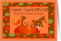 Thanksgiving from Our Family to Yours, child hiding behind pumpkin card