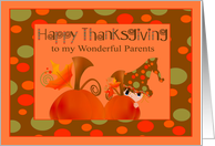 Thanksgiving to Parents, Boy hiding behind pumpkin wearing a big hat card