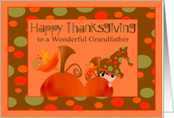 Thanksgiving to Grandfather, Boy hiding behind pumpkin on orange card