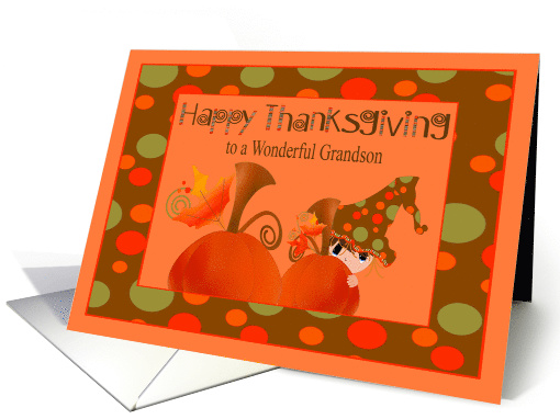 Thanksgiving to Grandson with a Cute Boy Hiding Behind a Pumpkin card
