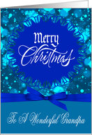 Christmas to Grandpa, snowflakes, stars, ornaments, bells, bow, blue card