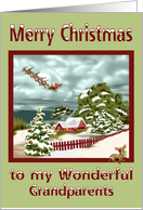 Christmas to Grandparents, beautiful snowy scene with Santa, reindeer card