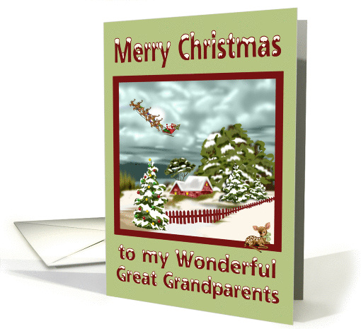 Christmas to Great Grandparents, beautiful snowy scene with Santa card