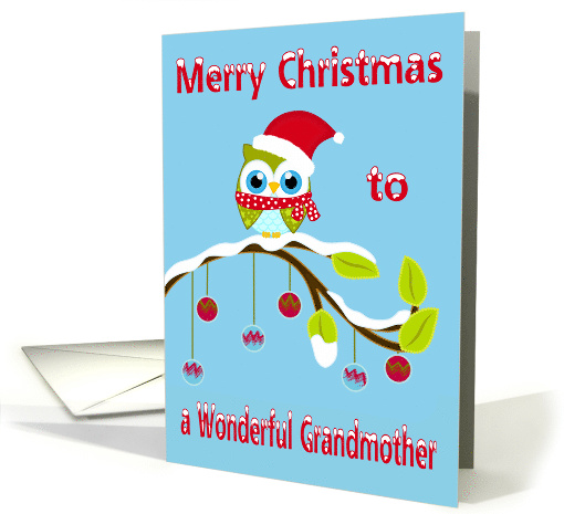 Christmas to Grandmother, Owl with Santa Claus hat on a tree limb card