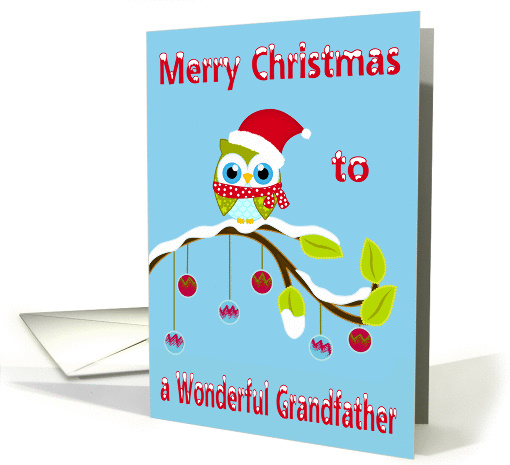 Christmas to Grandfather, Owl with Santa Claus hat on a tree limb card