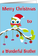 Christmas to Brother, Owl with Santa Claus hat sitting on a tree limb card