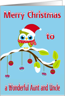 Christmas to Aunt and Uncle, Owl with Santa Claus hat on a tree limb card