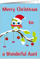 Christmas to Aunt, Owl wearing Santa Claus hat sitting on a tree limb card