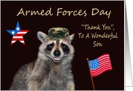 Armed Forces Day To Son, cute patriotic American raccoon with flag card