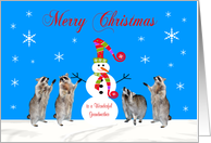 Christmas to Grandmother, Four raccoons with snowman in snow, blue card