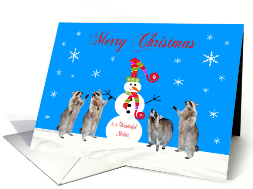 Christmas to Mother, Four raccoons with snowman in snow on blue card