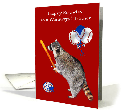 Birthday to Brother, raccoon with a baseball bat on red... (1079578)