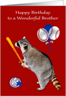 Birthday to Brother, raccoon with a baseball bat on red with balloons card