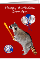 Birthday to Grandpa with a Handsome Raccoon Holding a Baseball Bat card