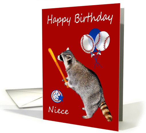 Birthday to Niece, raccoon holding a baseball bat on red,... (1079634)