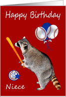 Birthday to Niece, raccoon holding a baseball bat on red, balloons card