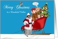 Christmas to Father, Raccoon Santa Claus with a full sleigh on blue card