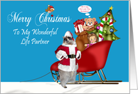Christmas To Life Partner, Raccoon Santa Claus with full sleigh, blue card
