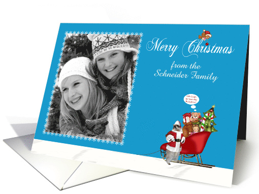 Christmas, custom name photo card, Raccoon Santa Claus, sleigh card
