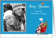 Christmas, custom name photo card, Raccoon Santa Claus, sleigh card