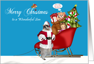 Christmas to Son, Raccoon Santa Claus with a full sleigh on blue card