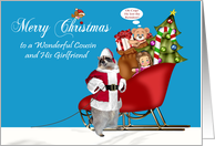 Christmas to Cousin and His Girlfriend, Raccoon Santa Claus, sleigh card