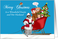 Christmas to Cousin and Husband, Raccoon Santa Claus with sleigh card