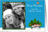 Christmas, custom name photo card, Snowmen with trees, bird card