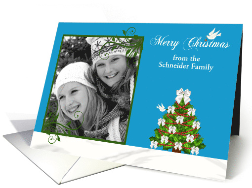 Christmas, custom name photo card, Doves with a decorated tree card