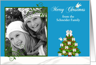 Christmas, custom name photo card, Doves with a decorated tree card