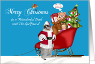 Christmas to Dad and Girlfriend, Raccoon Santa Claus with a sleigh card