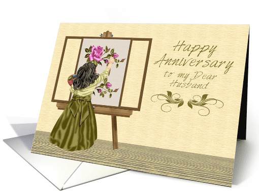 Anniversary to husband, wedding, girl painting pink roses... (1083544)