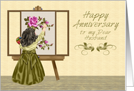 Anniversary to husband, wedding, girl painting pink roses on canvas card