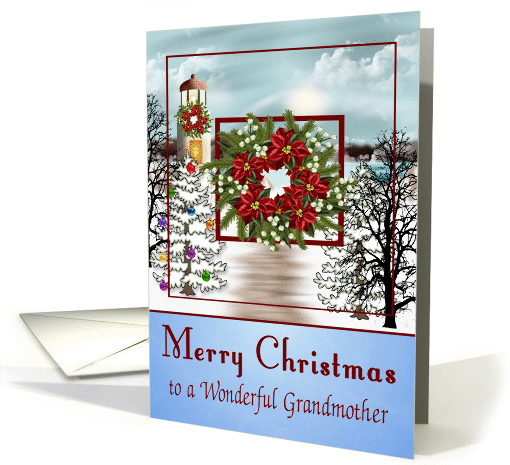 Christmas to Grandmother, snowy lighthouse scene on blue, wreath card