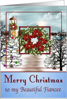 Christmas to Fiancee, snowy lighthouse scene on blue with a wreath card