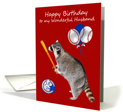 Birthday to Husband with a Raccoon Holding a Baseball Bat on Red card