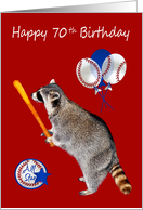 70th Birthday, raccoon holding a baseball bat on red with balloons card