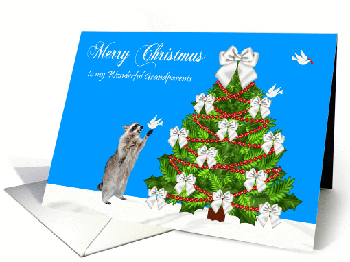 Christmas to Grandparents, Raccoon with a dove on his hand, tree card