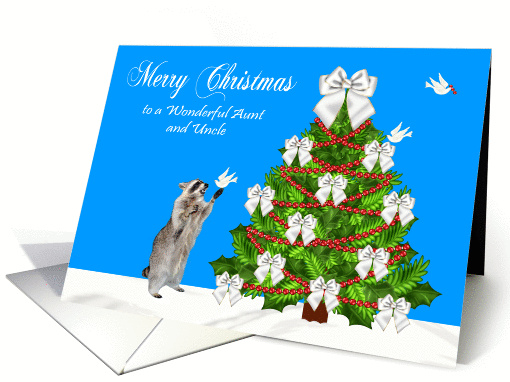 Christmas to Aunt and Uncle, Raccoon with a dove, decorated tree card
