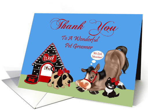 Thank You to Pet Groomer with Cute Animals wearing Red Bows card