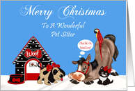 Christmas To Pet Sitter, dog with his dog house, horse, parrot and cat card